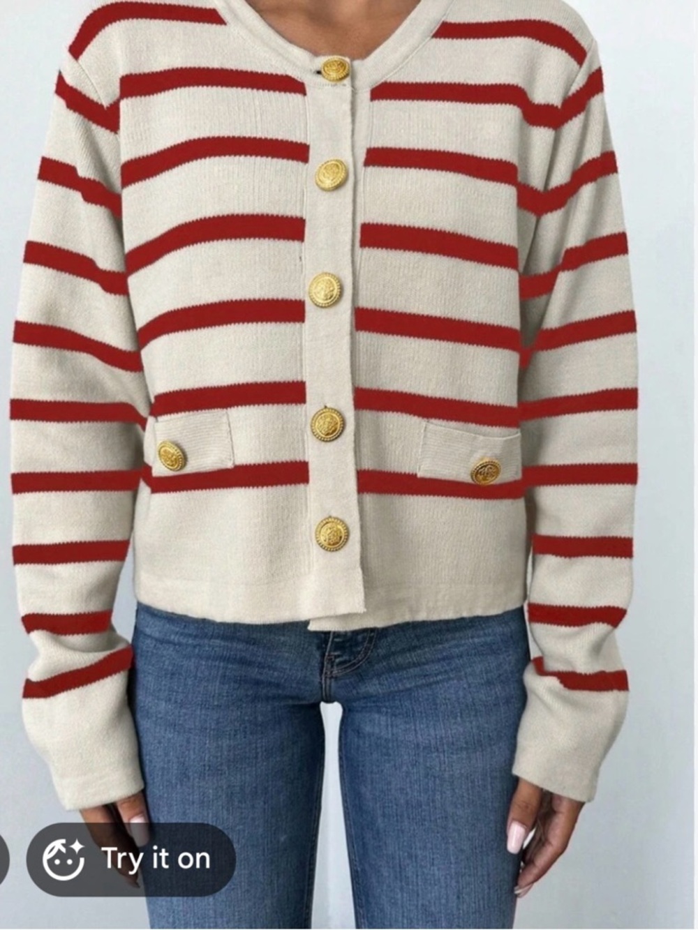Cream and Red Striped Button-Front Women's Sweater Medium